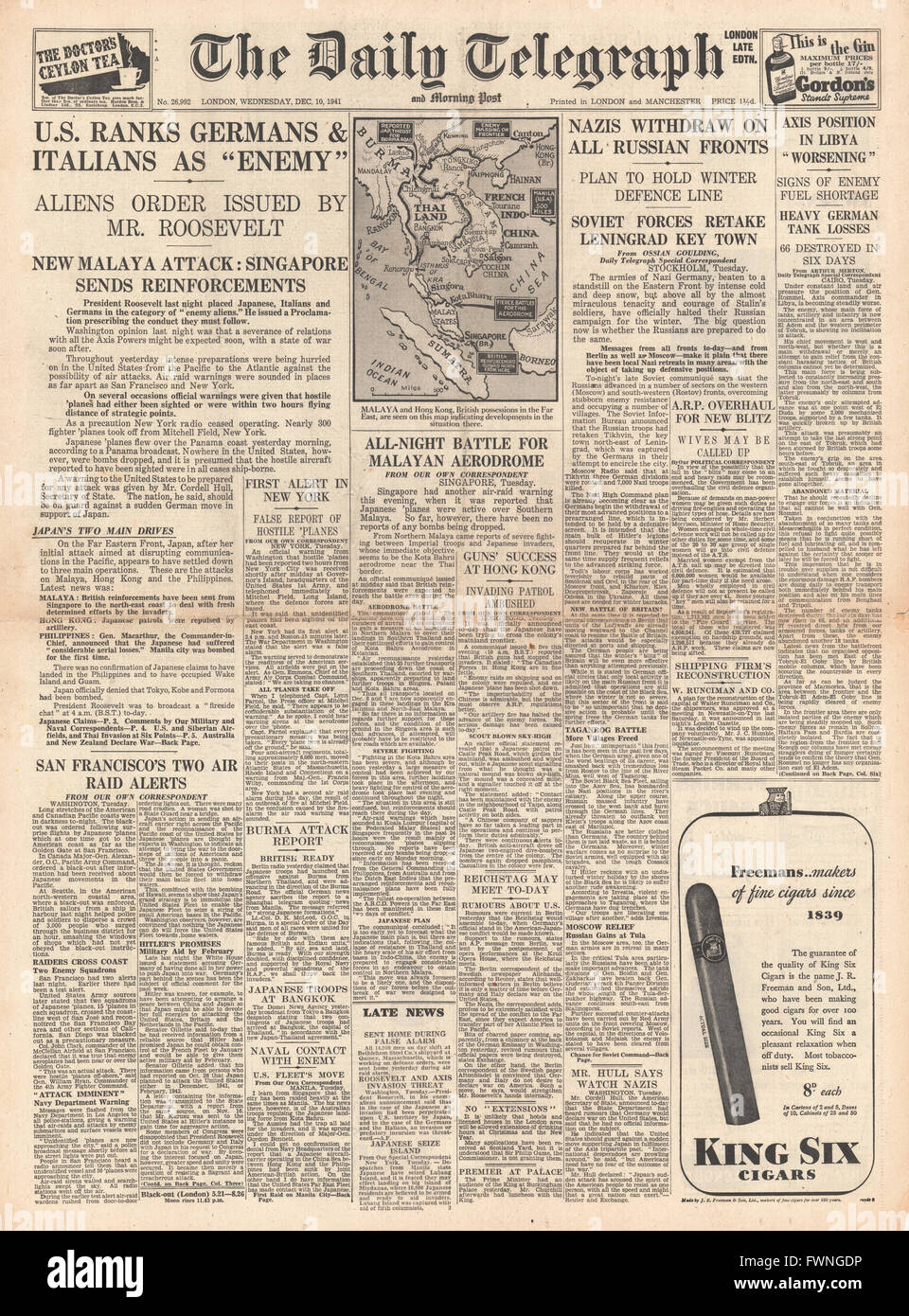 1941 front page Daily Telegraph Roosevelt 'Questions' ordonnance contre des ennemis étrangers allemands, italiens et japonais vivant aux États-Unis et les forces de l'axe de réflexion de la Libye et la Russie Banque D'Images