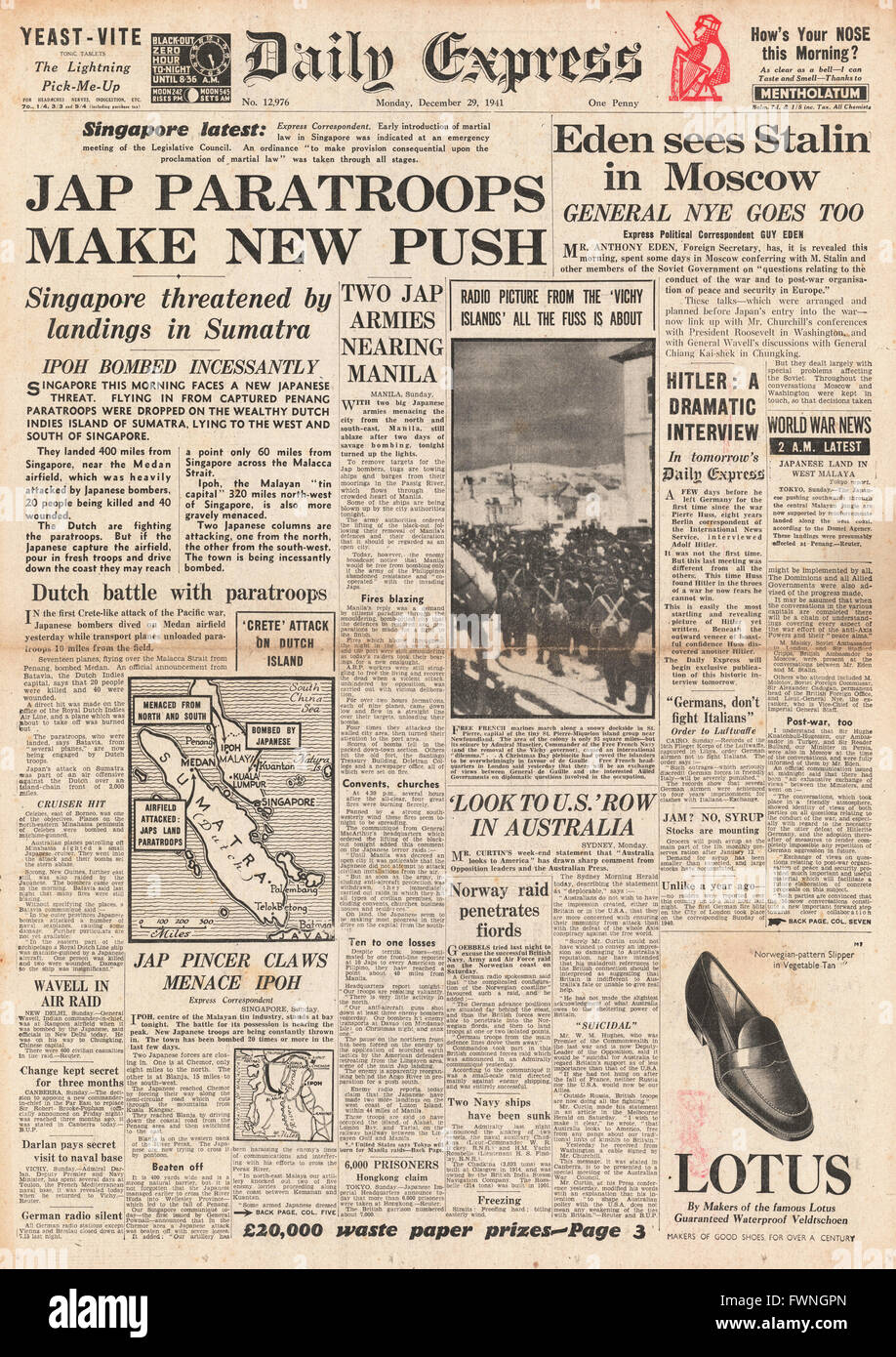 1941 front page Daily Express Parachutistes Japonais envahissent l'île de Sumatra et Anthony Eden répond à l'ambassadeur soviétique Maiski Banque D'Images