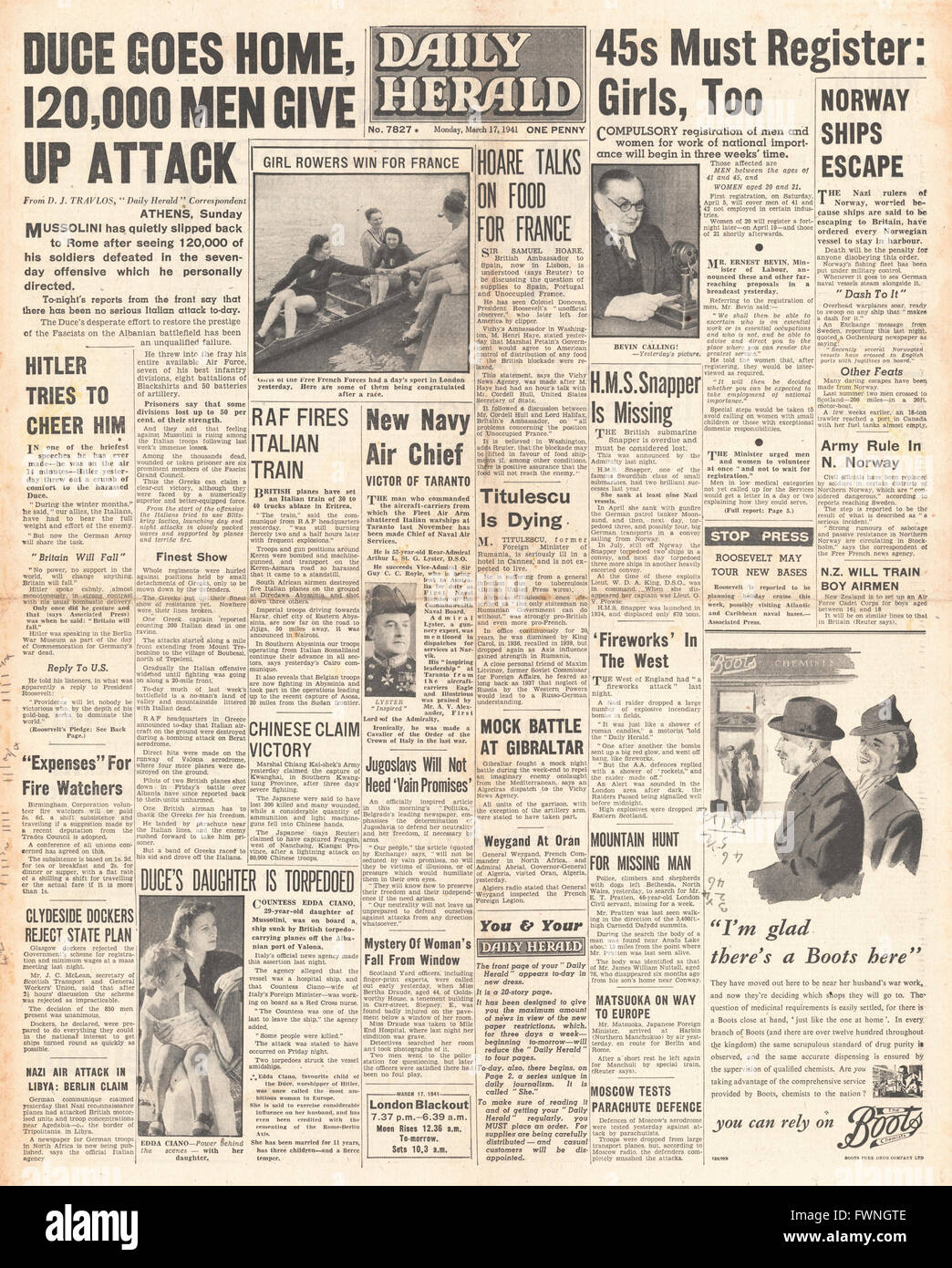 1941 front page Express Enregistrement des hommes et femmes pour un travail de guerre et l'armée italienne a défait en Albanie Banque D'Images