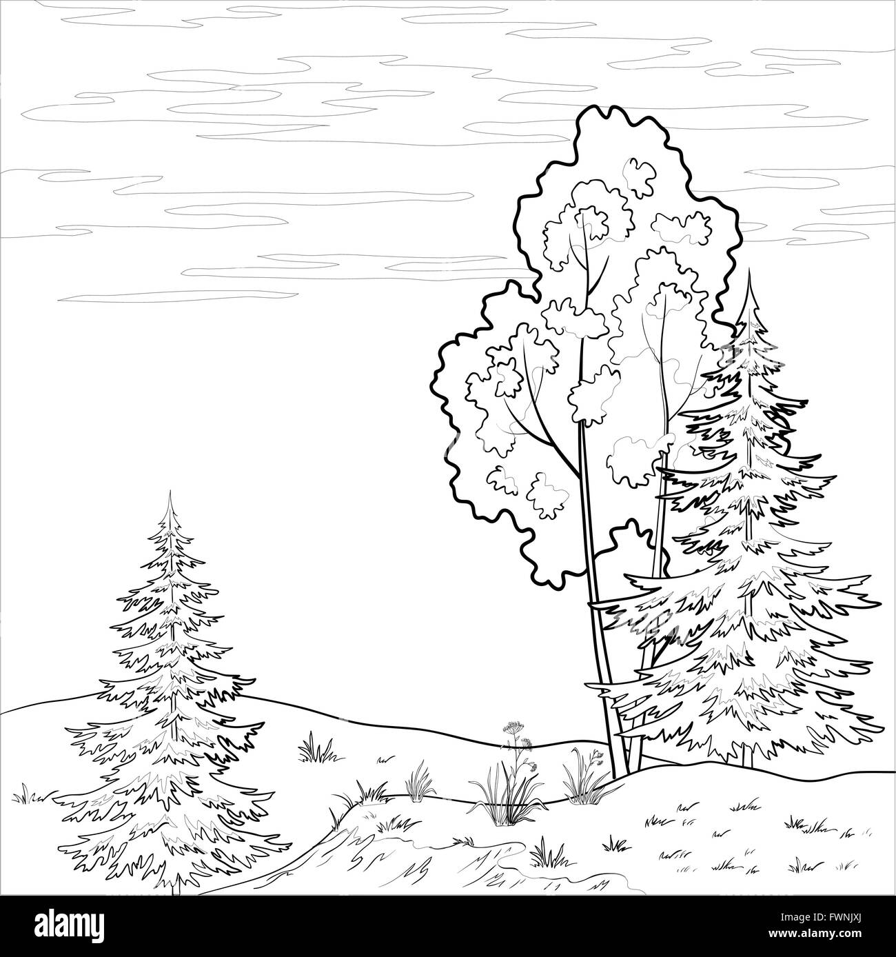 Paysage. Forest river, contours Illustration de Vecteur