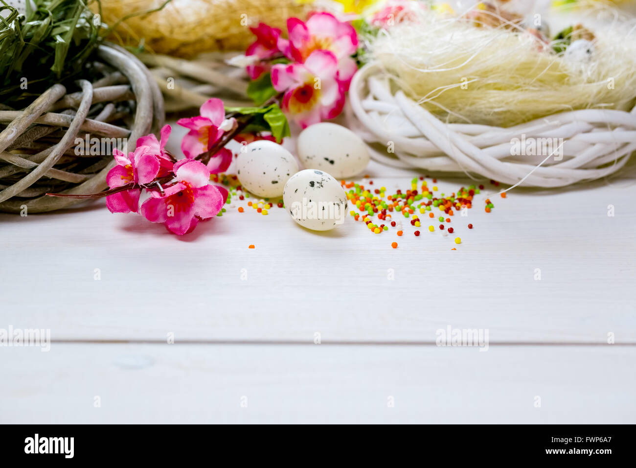 Arrière-plan de pâques avec des fleurs et des nids avec des oeufs sur le livre blanc panneaux peints. espace libre pour le texte Banque D'Images Arrière-plan de pâques avec des fleurs et des nids avec des oeufs sur le livre blanc panneaux peints. espace libre pour le texte Banque D'Images