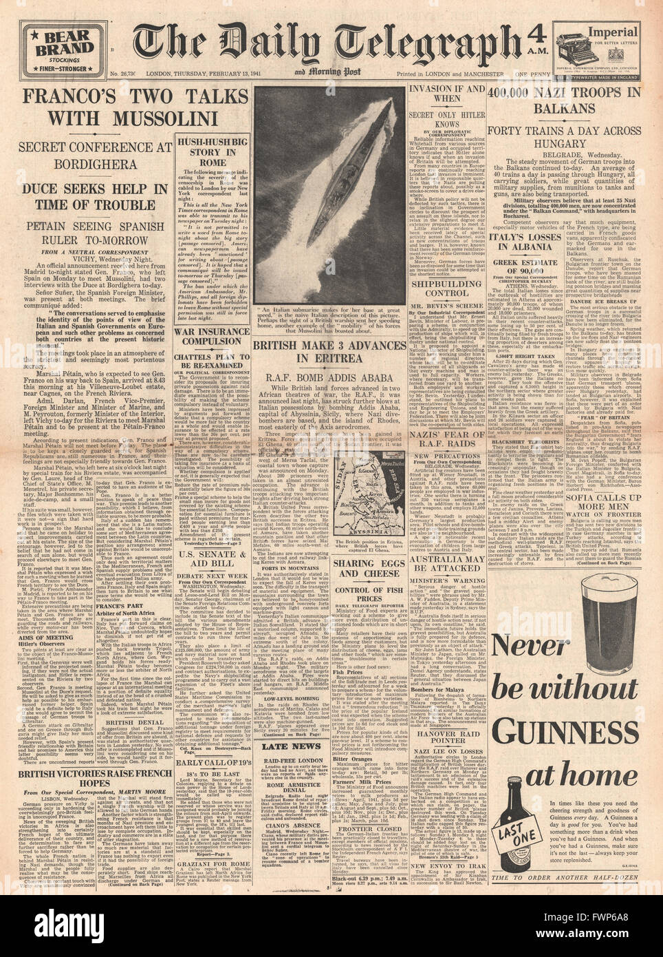 1941 front page Daily Telegraph Franco en pourparlers avec Mussolini et les Forces allemandes dans les Balkans de masse Banque D'Images