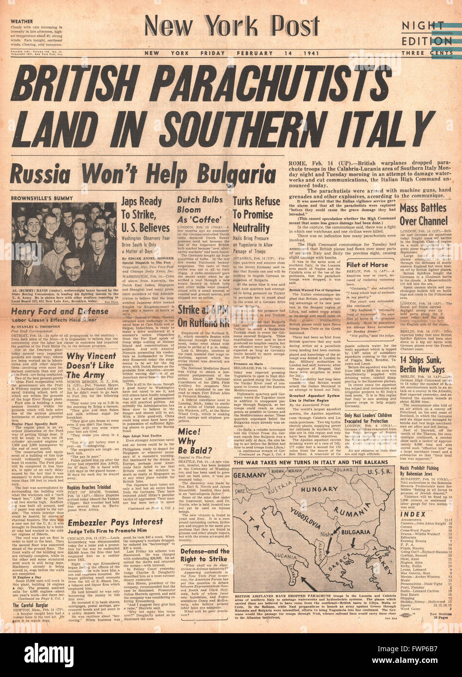 1941 front page New York Post parachutistes britanniques dans le sud de l'Italie Banque D'Images