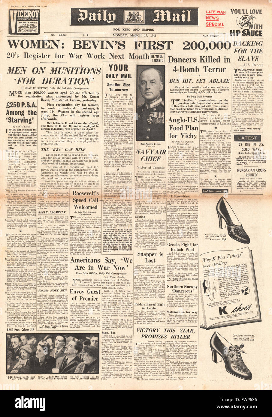 1941 front page Daily Mail Enregistrement des hommes et femmes pour un travail de guerre Banque D'Images