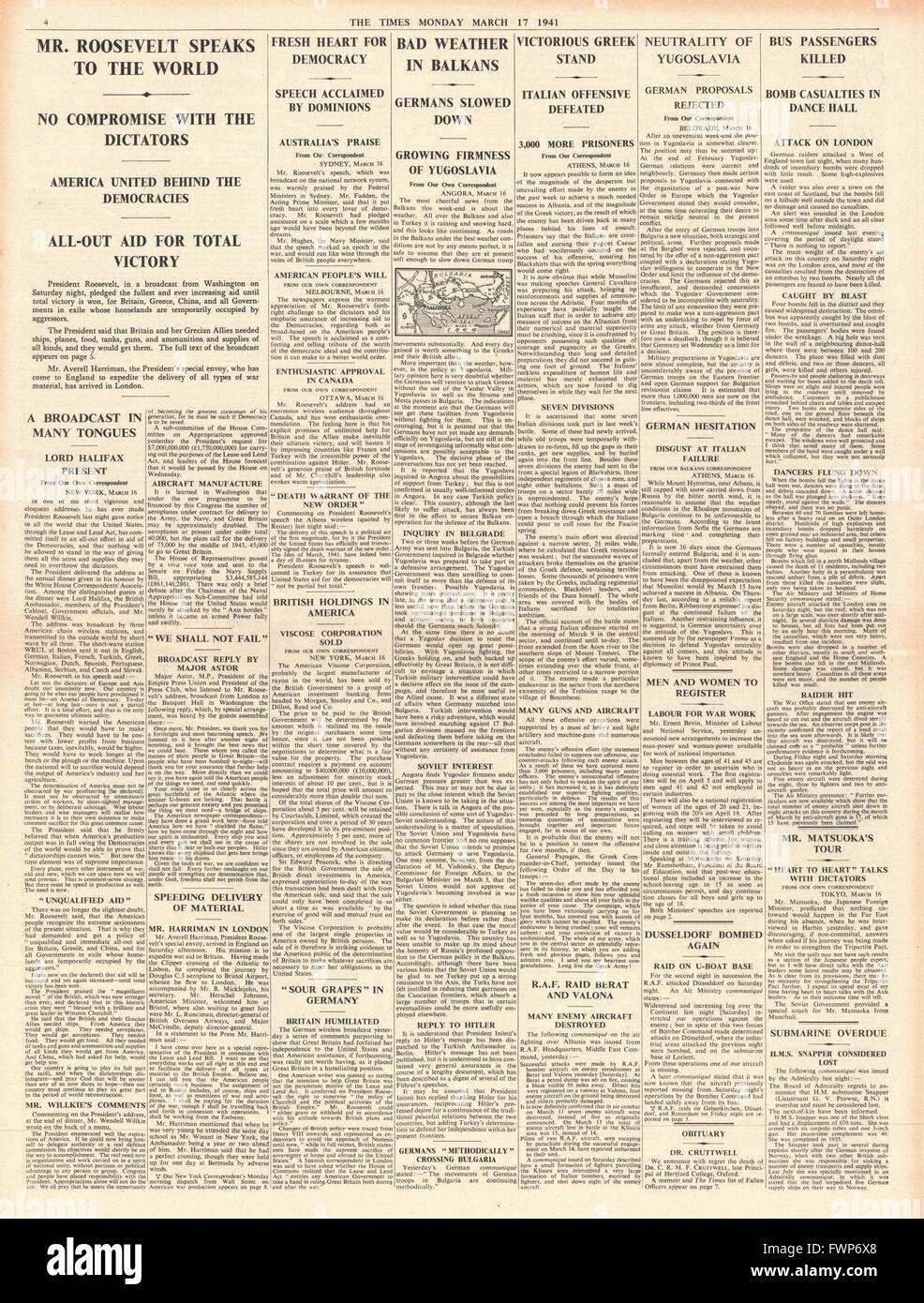 1941 page 4 la fois le président Roosevelt s'engage toutes les aides en faveur de la Victoire Banque D'Images