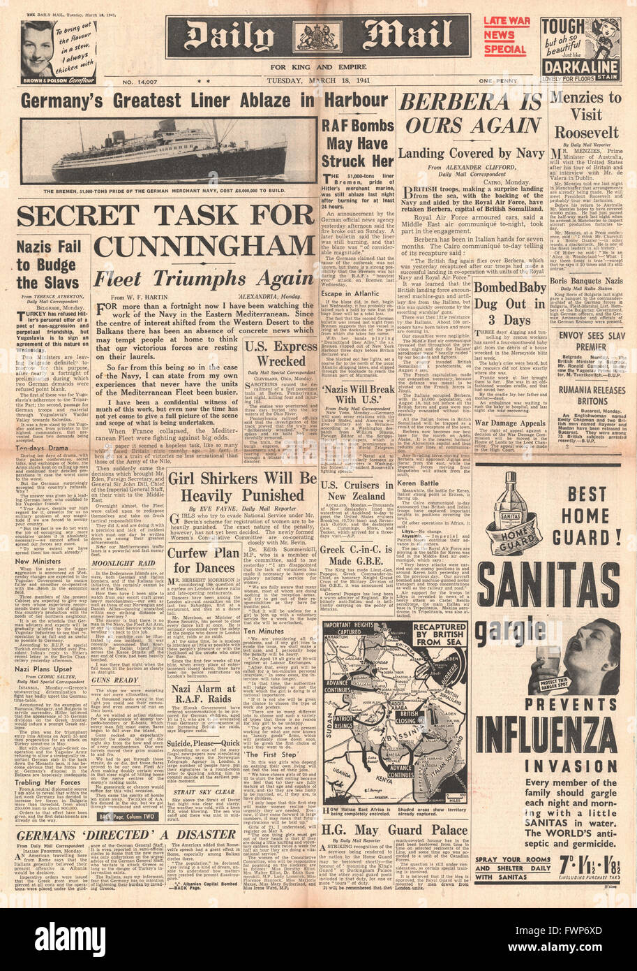 1941 front page Daily Mail Impériaux capturer la ville de Berbera au Somaliland et paquebot allemand SS Bremen prend feu à Bremerhaven Banque D'Images