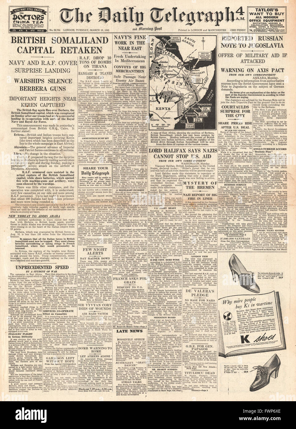 1941 front page Daily Telegraph Impériaux capturer la ville de Berbera au Somaliland et paquebot allemand SS Bremen prend feu à Bremerhaven Banque D'Images