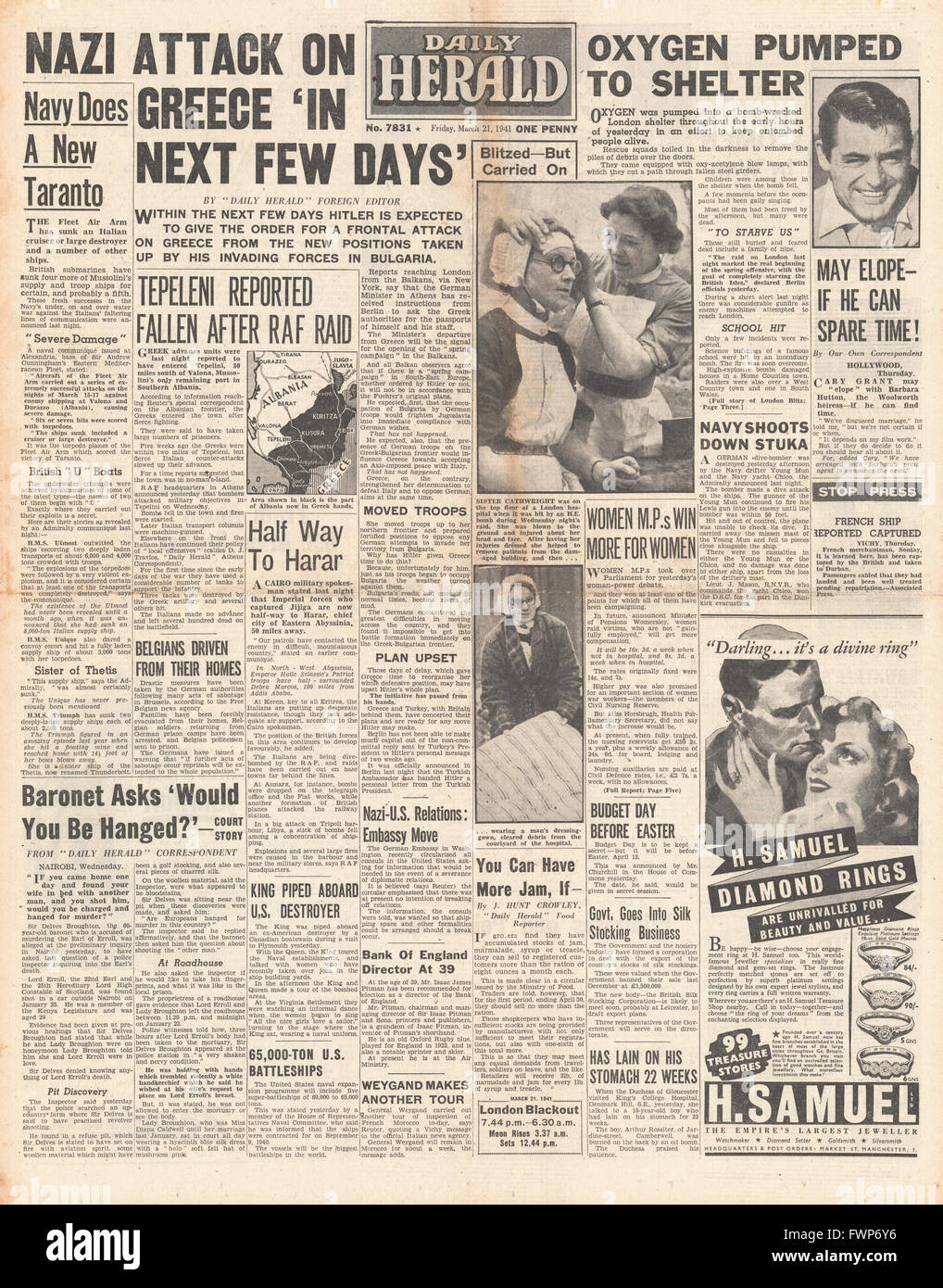 1941 front page Daily Herald attaque allemande sur la Grèce attend de l'armée grecque et Tepelini capture Banque D'Images