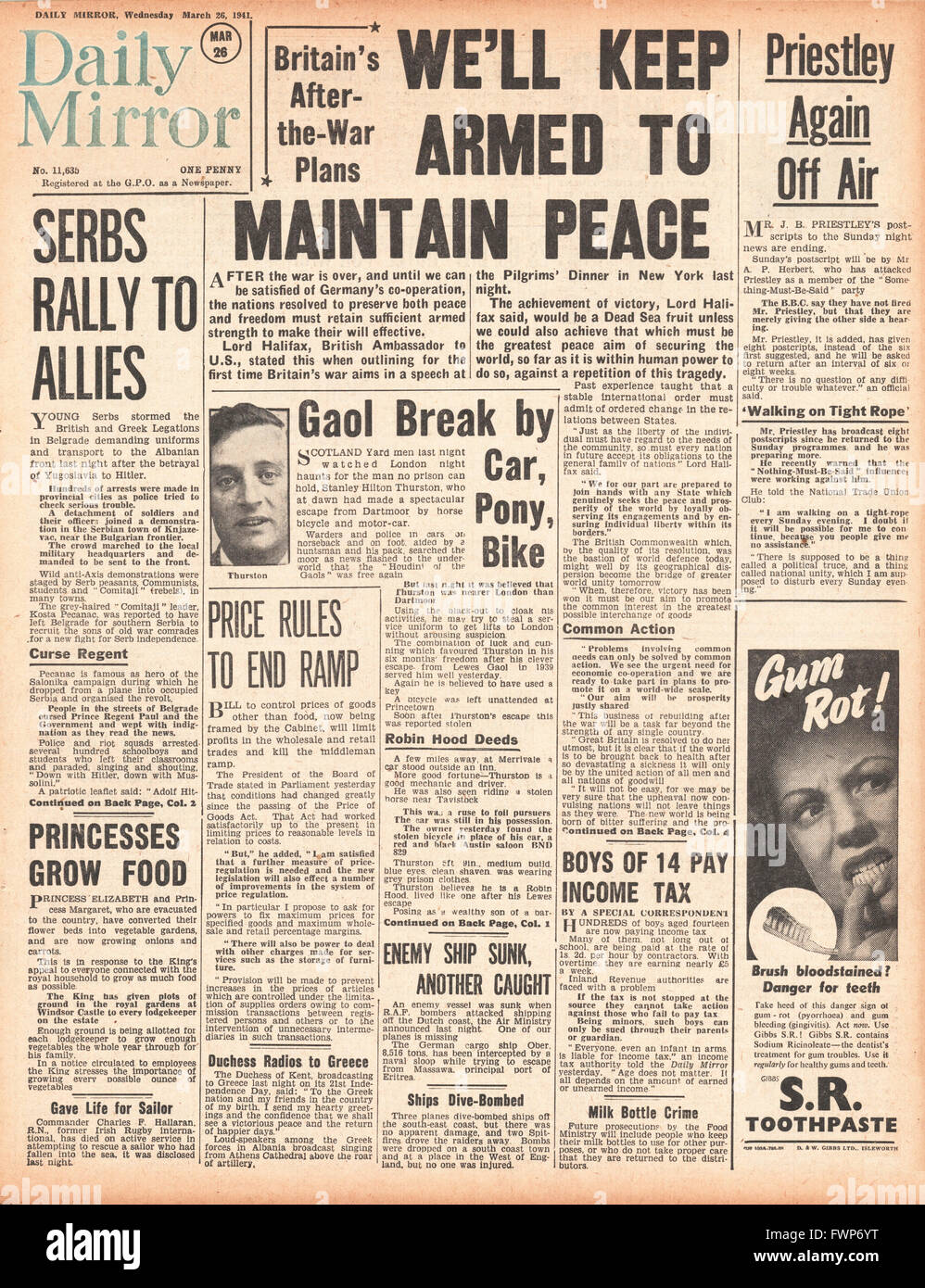 1941 front page miroir Daliy Lord Halifax annonce des plans d'après-guerre Banque D'Images