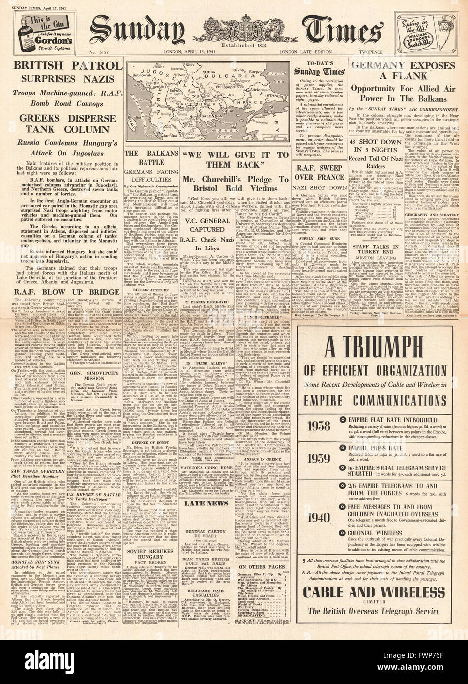 1941 Bataille de l'armée britannique Sunday Times les forces allemandes en Grèce Banque D'Images