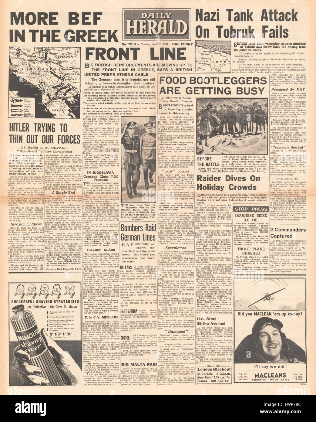 1941 front page Daily Herald forces allemandes ont eu lieu en Grèce et à Tobruk Banque D'Images