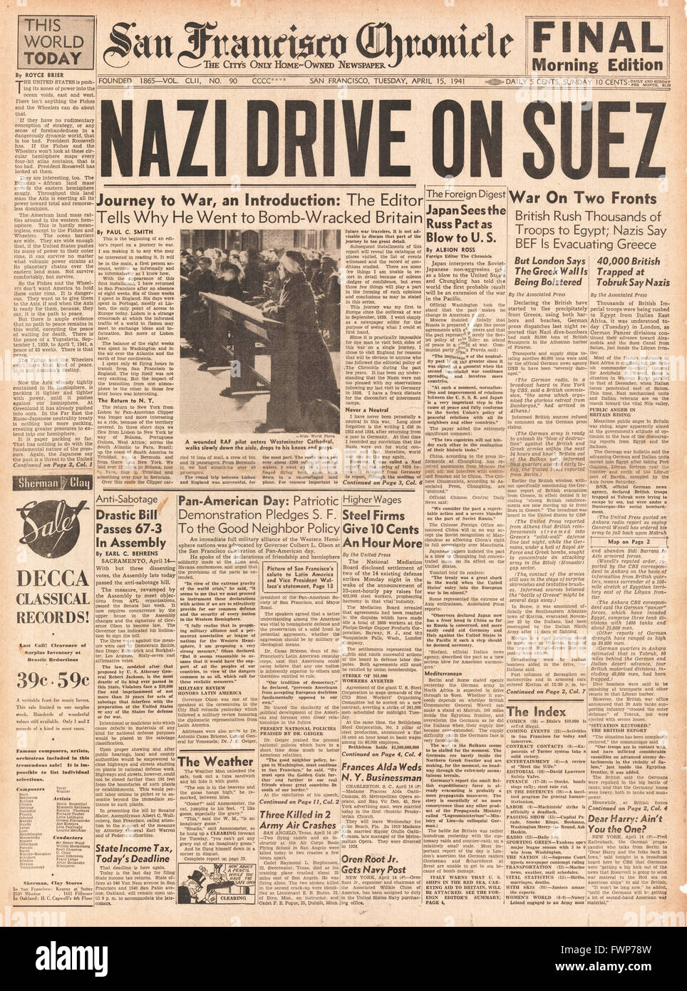 Front Page 1941 San Francisco Chronicle lecteur allemand sur Suez Banque D'Images