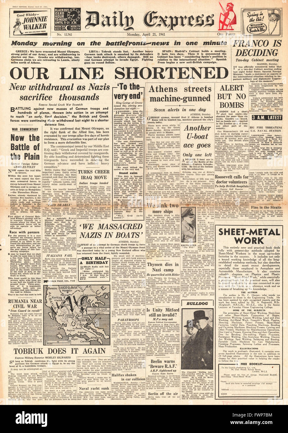 1941 front page Daily Express Situation de la Grèce est grave Banque D'Images