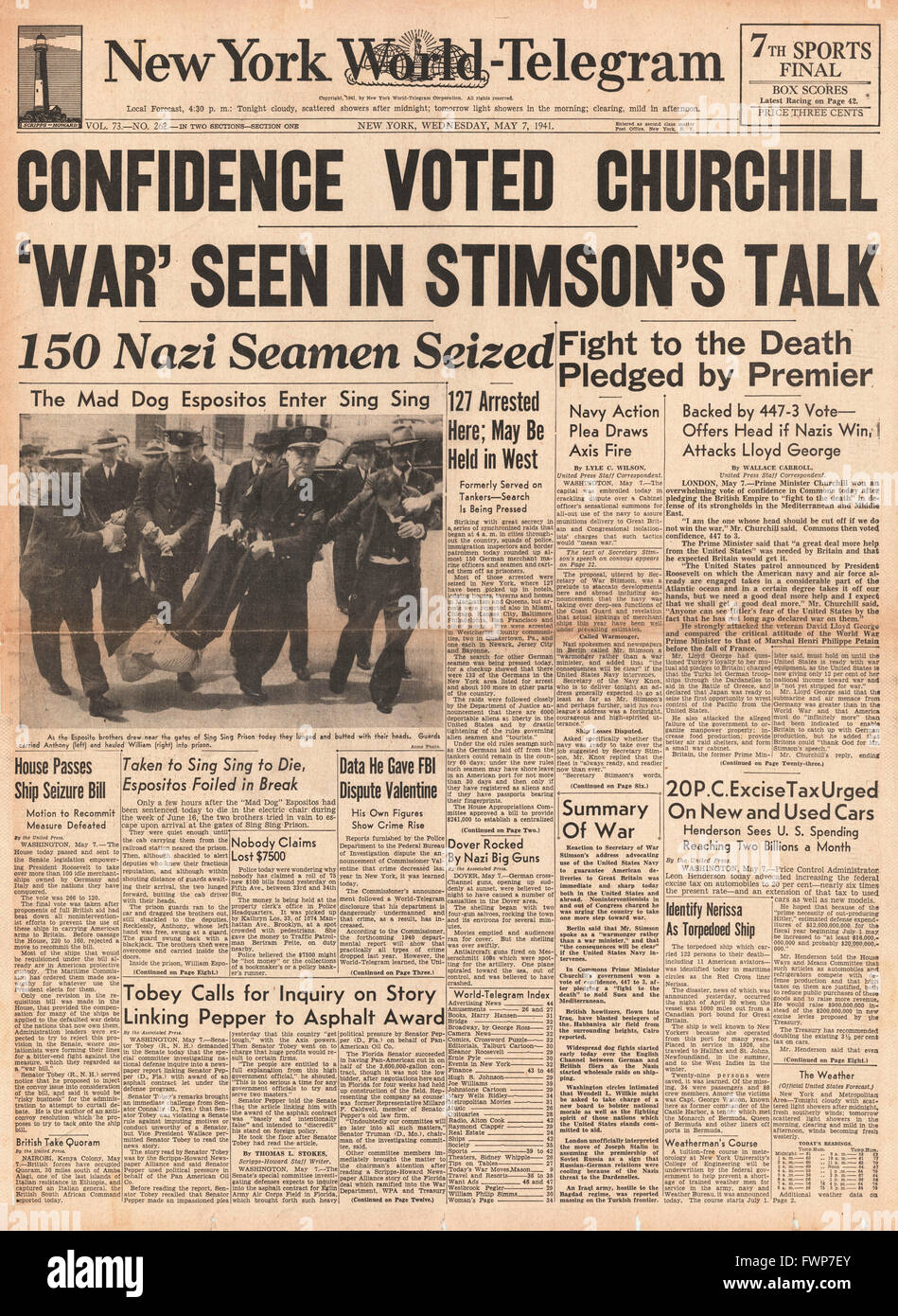 1941 front page New York World Telegram Churchill promet une "lutte à mort" Banque D'Images