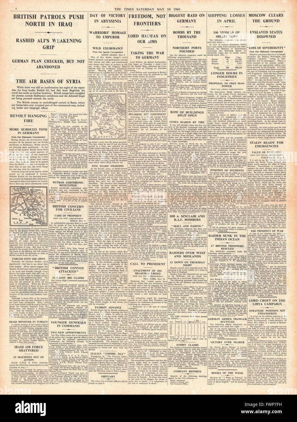 1941 page 4 la fois RAF bombardements sur Hambourg et Brême et Emir Abdullah shot Banque D'Images