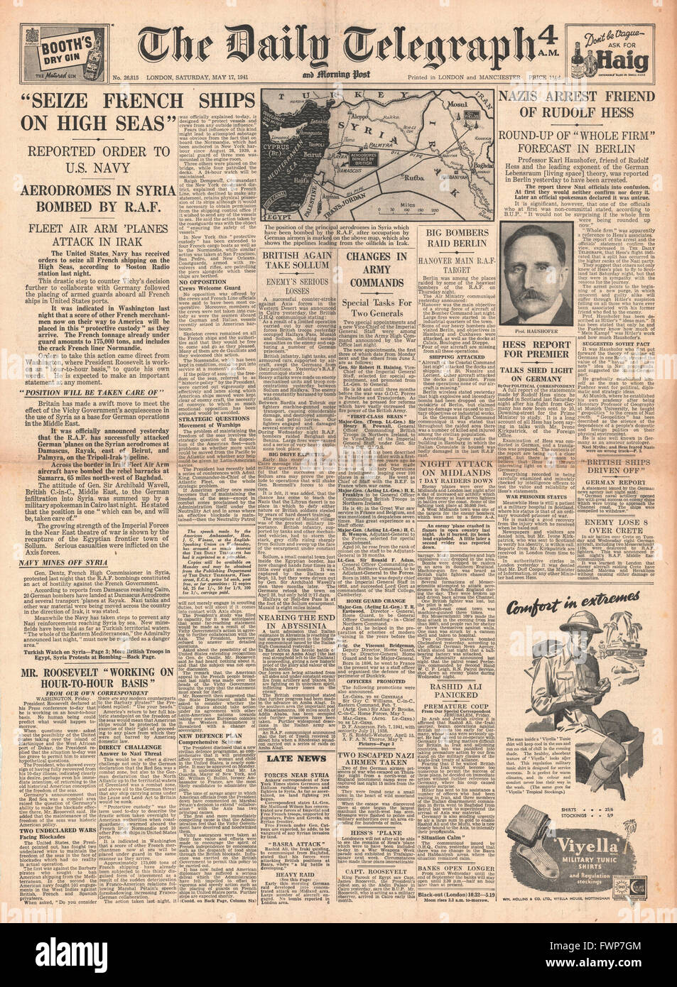 1941 front page Daily Telegraph U.S. Navy ordonné de grippage des navires français, les bases aériennes de bombes de la RAF en Syrie et Karl Haushofer arrêté Banque D'Images