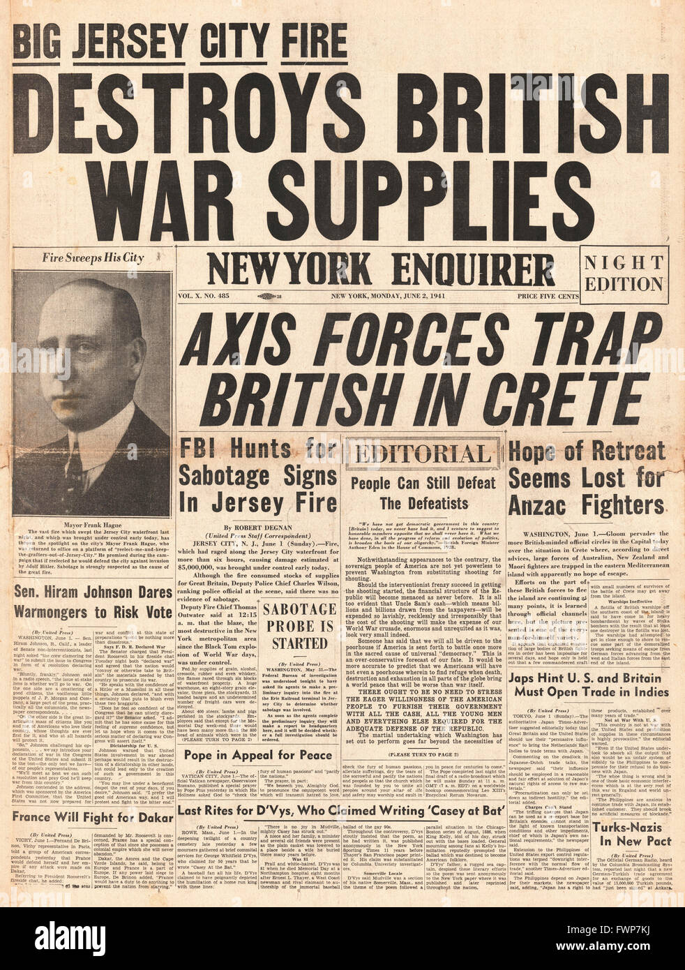 1941 front page New York Enquirer Britsh face de l'Armée défaite en Crète Banque D'Images