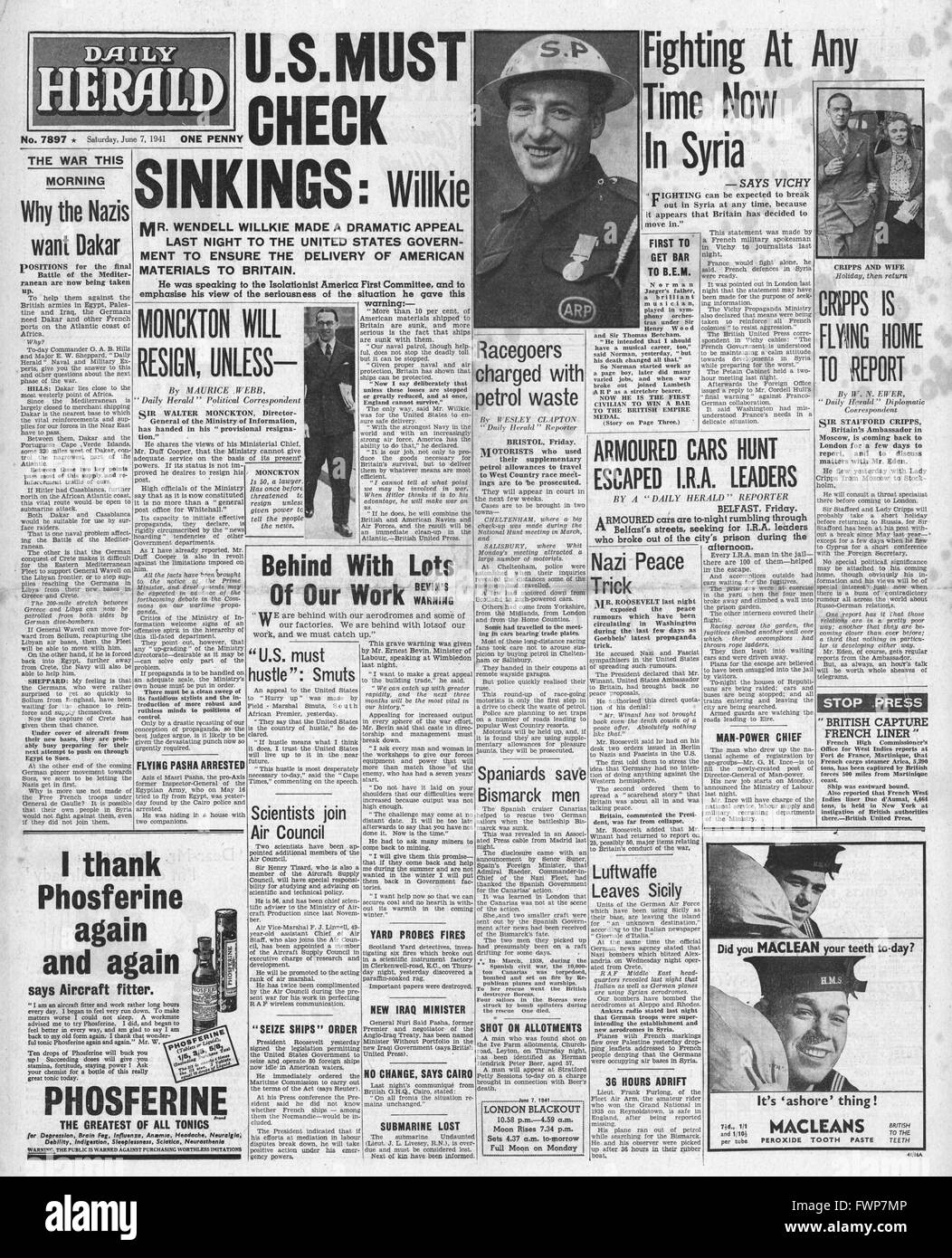 1941 front page Daily Herald Wendell Willkie appel pour assurer la prestation d'aide à la Grande-Bretagne Etats-unis Banque D'Images