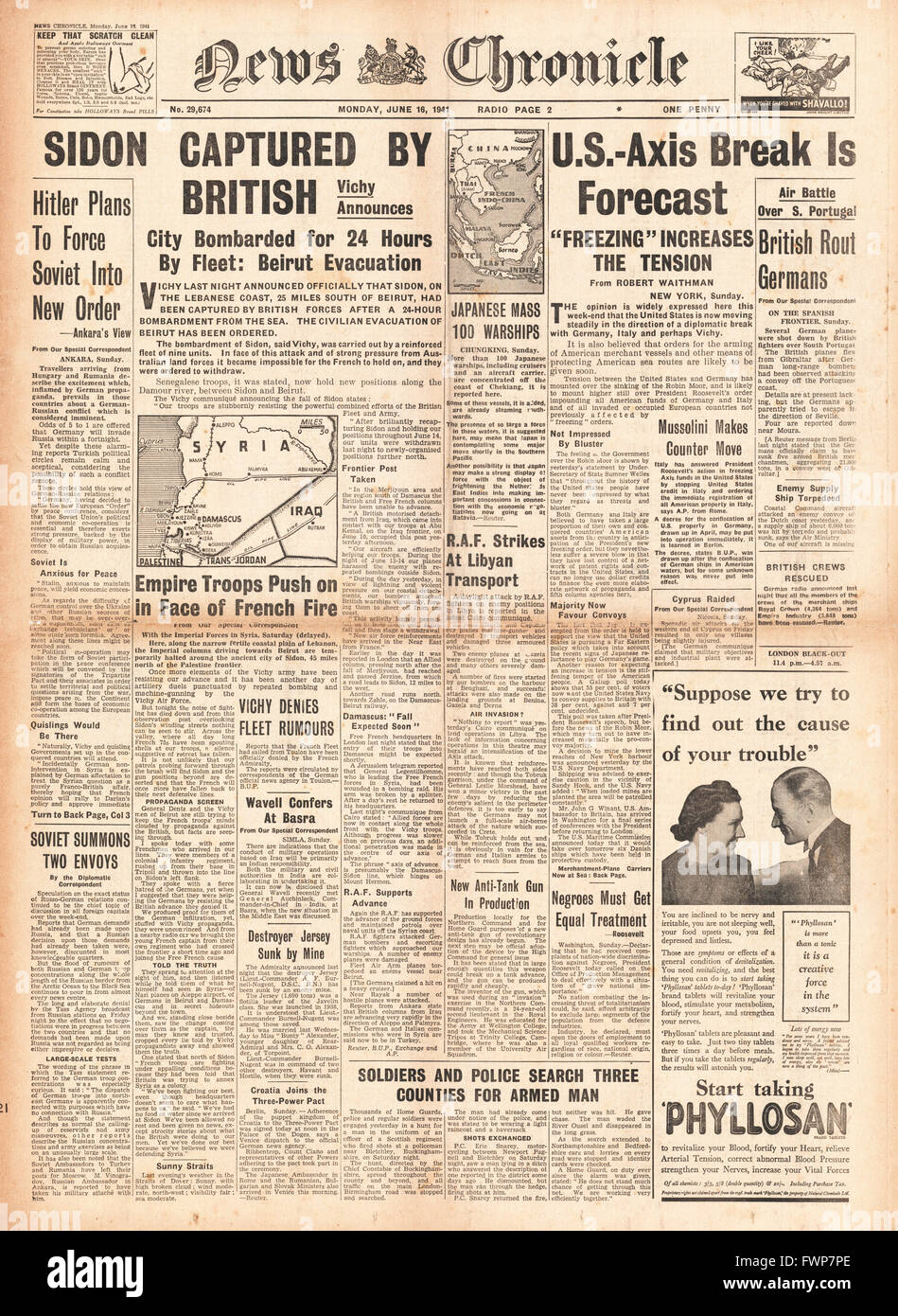 1941 Front Page News Chronicle Forces britanniques port syrien de capture de Sidon et américains - axe de tension diplomatique Banque D'Images