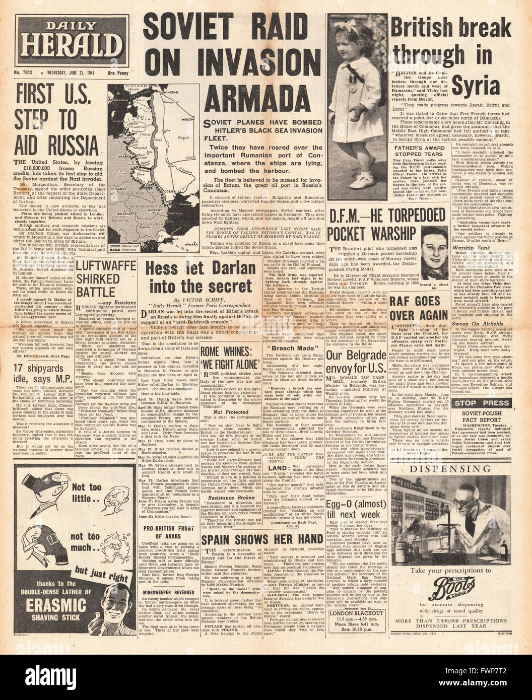 1941 front page express de l'air soviétique bomb port roumain de Constanza Banque D'Images