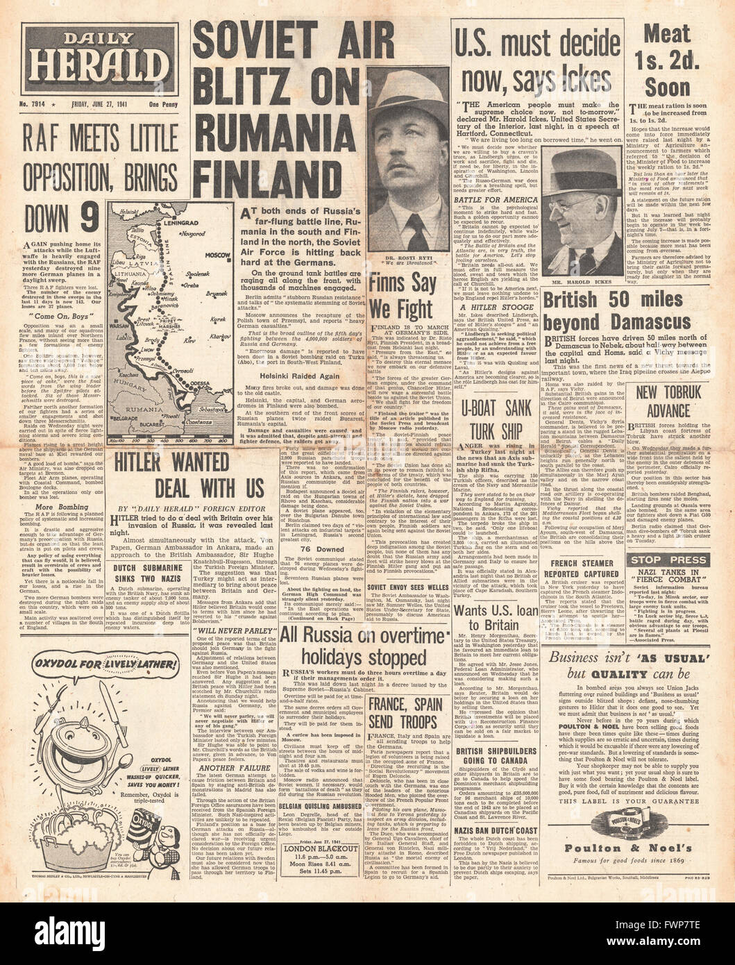 1941 front page express de l'air soviétique et la Finlande Roumanie bombe Banque D'Images