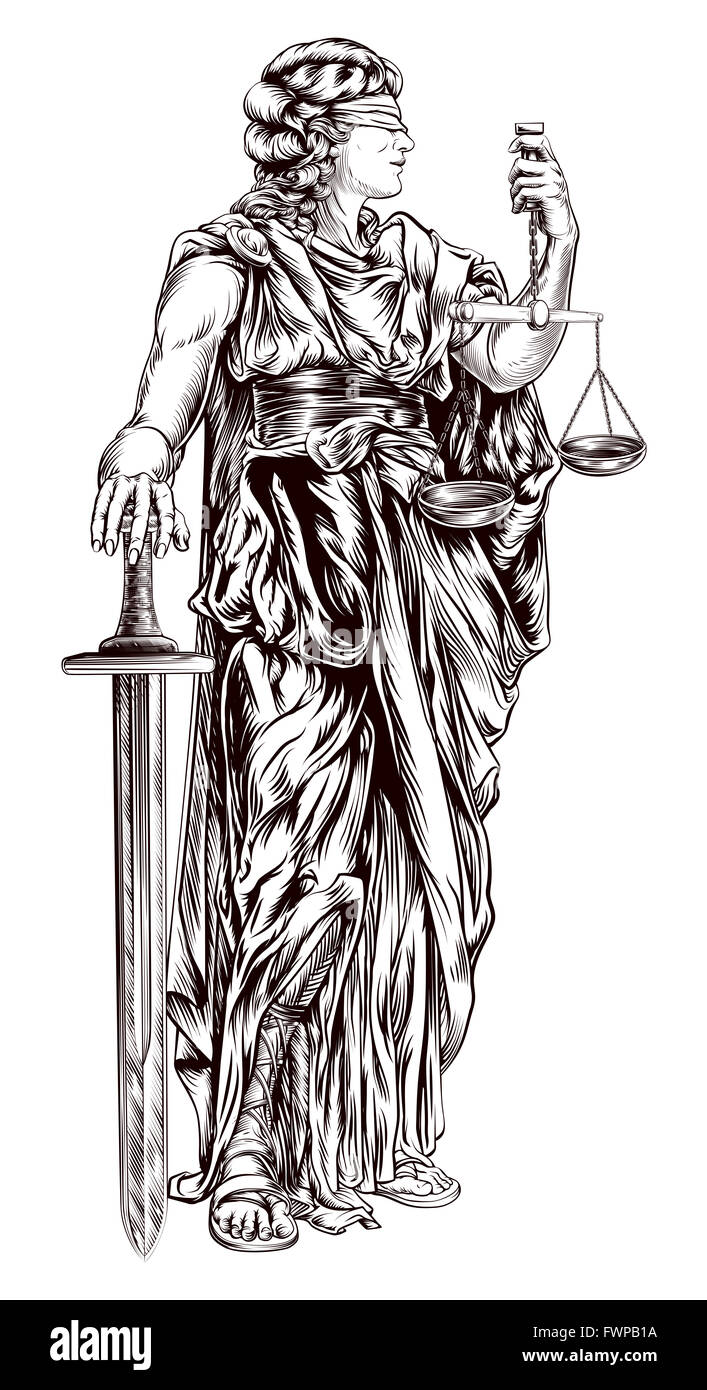 Une illustration originale de Dame Justice tenant balance et l'épée et le port d'un bandeau dans un style vintage sur bois Banque D'Images Une illustration originale de Dame Justice tenant balance et l'épée et le port d'un bandeau dans un style vintage sur bois Banque D'Images