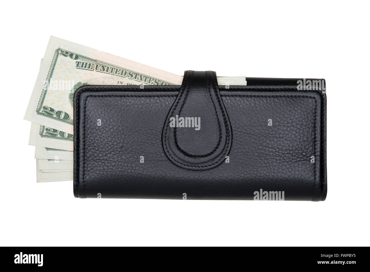 Les femmes noires bourse avec 20 billets dollar isolé sur fond blanc Banque D'Images