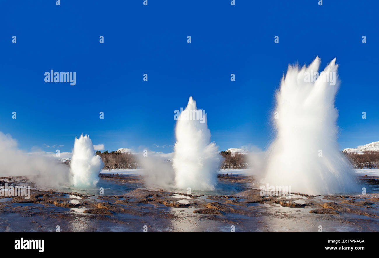 Composition numérique montrant les étapes de l'éruption du geyser Strokkur, fontaine dans la zone géothermique à côté de la rivière Hvítá, Islande Banque D'Images