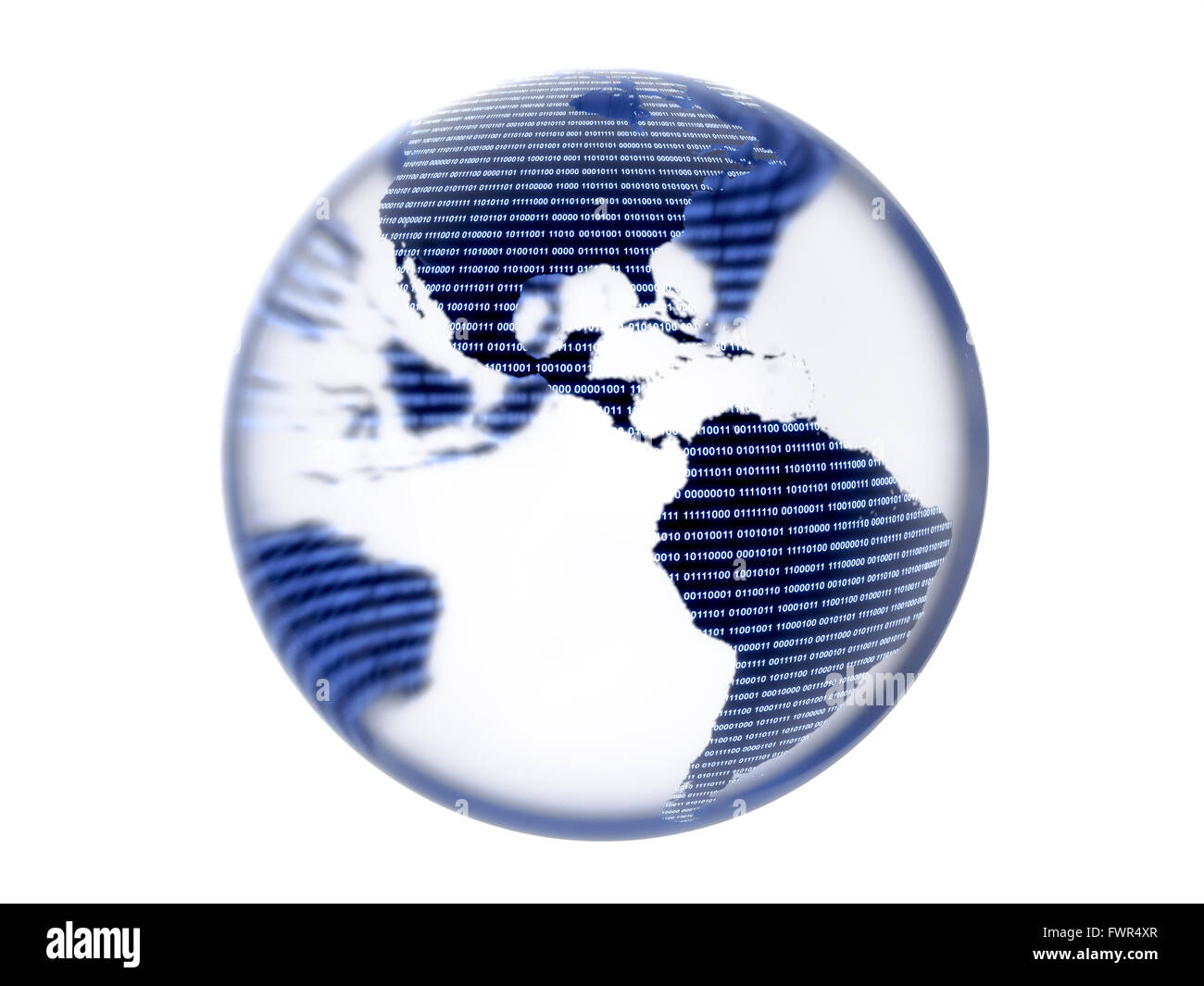 Globe en verre avec continents numérique binaire isolé sur un fond blanc. Banque D'Images
