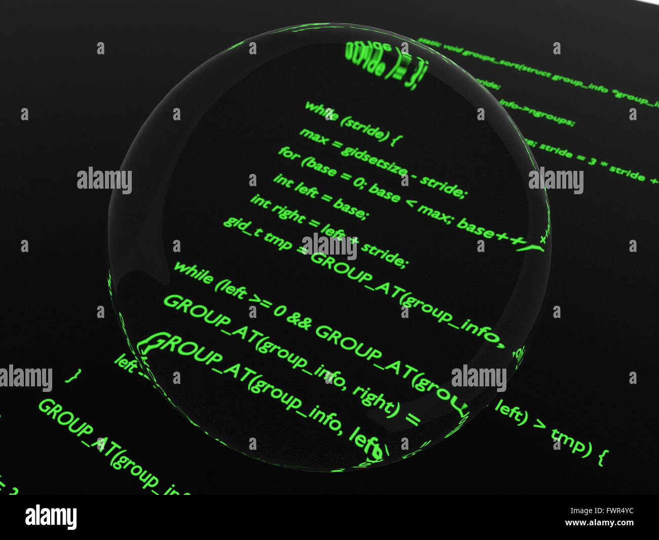 Code informatique lumineux vert grossie en centre par disque de verre. Banque D'Images
