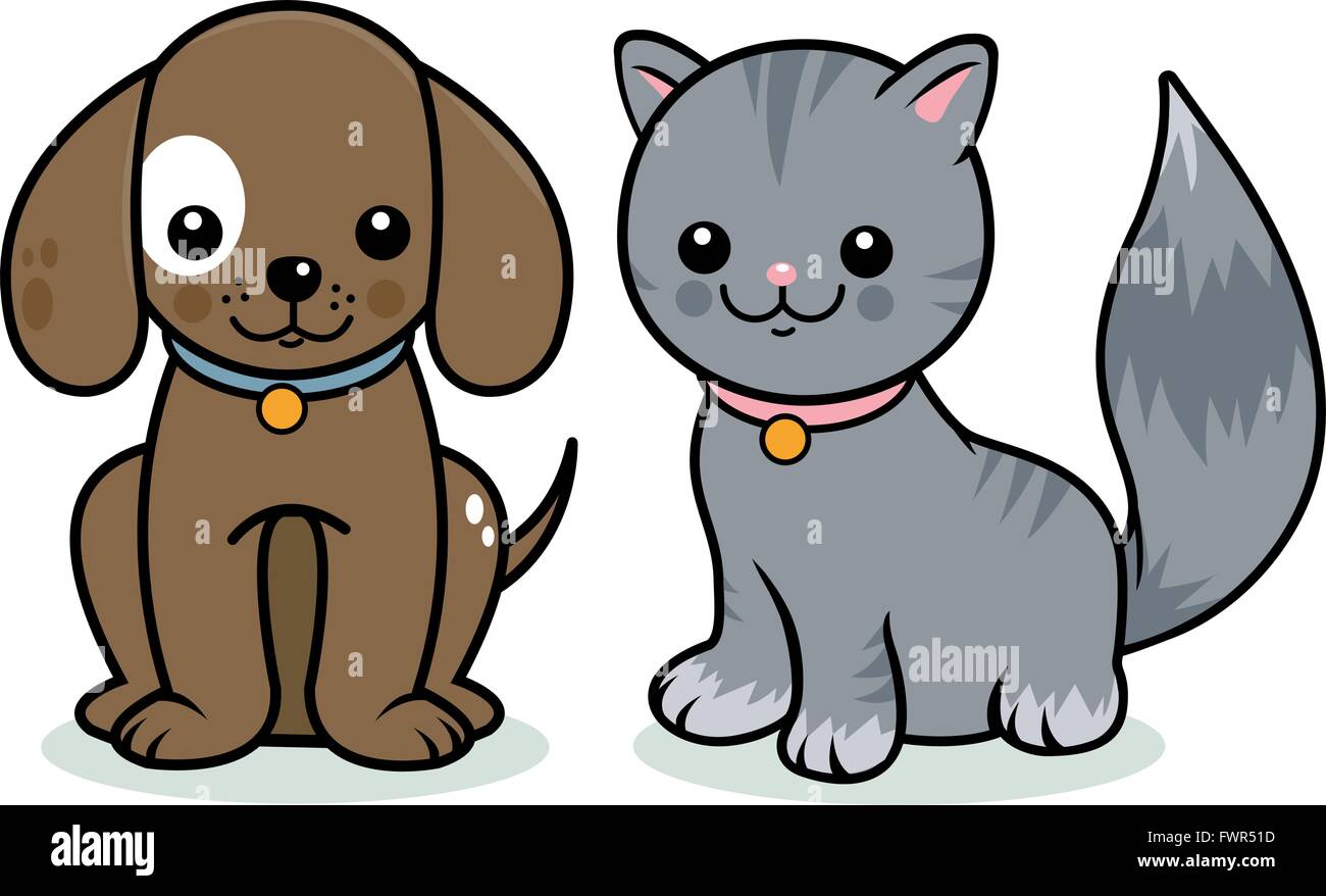 Animaux de compagnie de dessin animé mignons, un chiot brun et un chaton gris. Chien de dessin animé et un chat. Illustration vectorielle Illustration de Vecteur