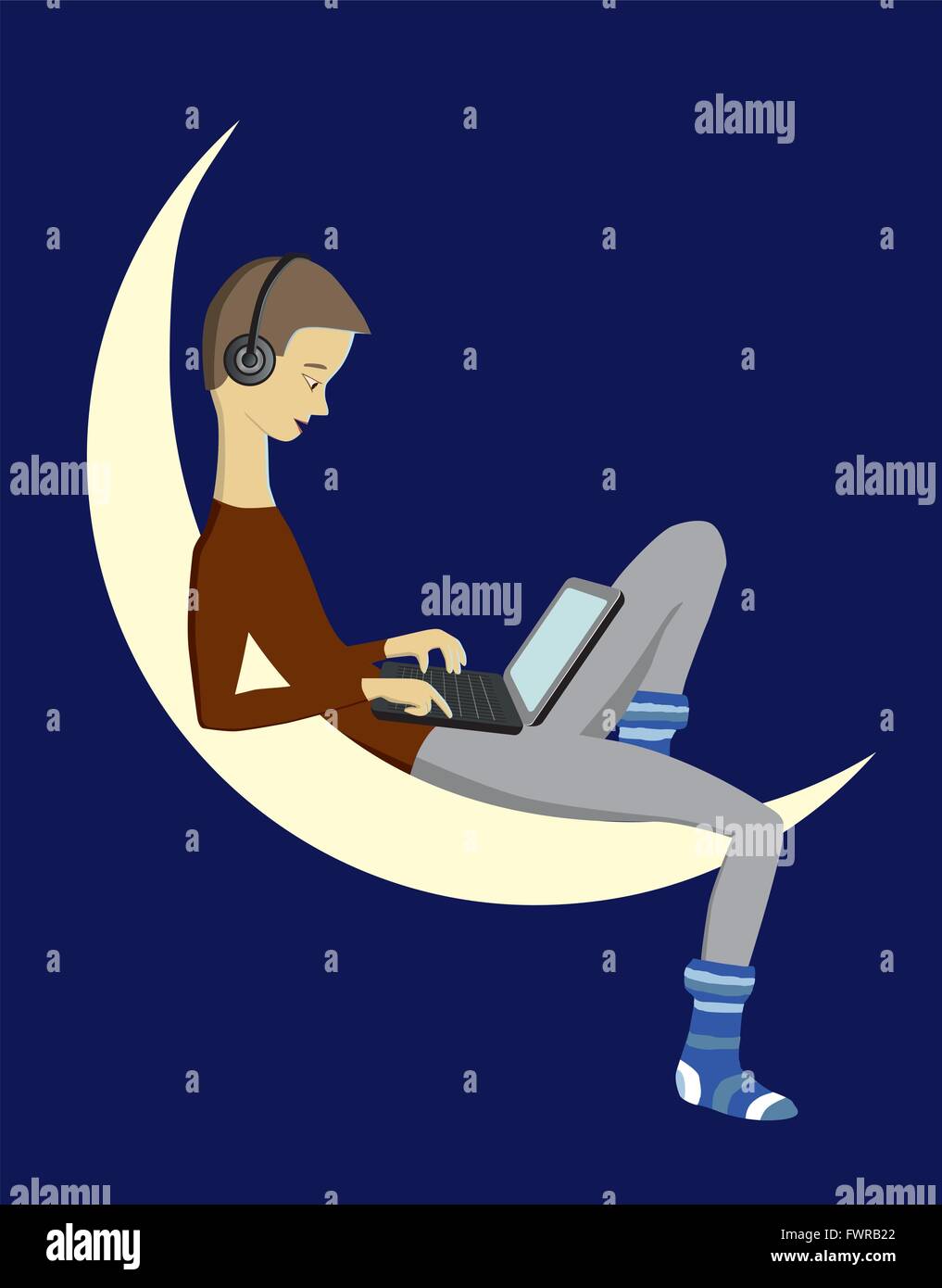 Garçon sur la lune avec un ordinateur portable Illustration de Vecteur
