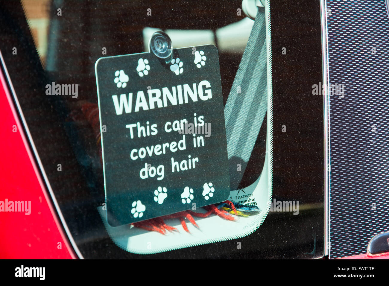Un panneau disant 'Avertissement - Cette voiture est couverte de poils de chien' Banque D'Images