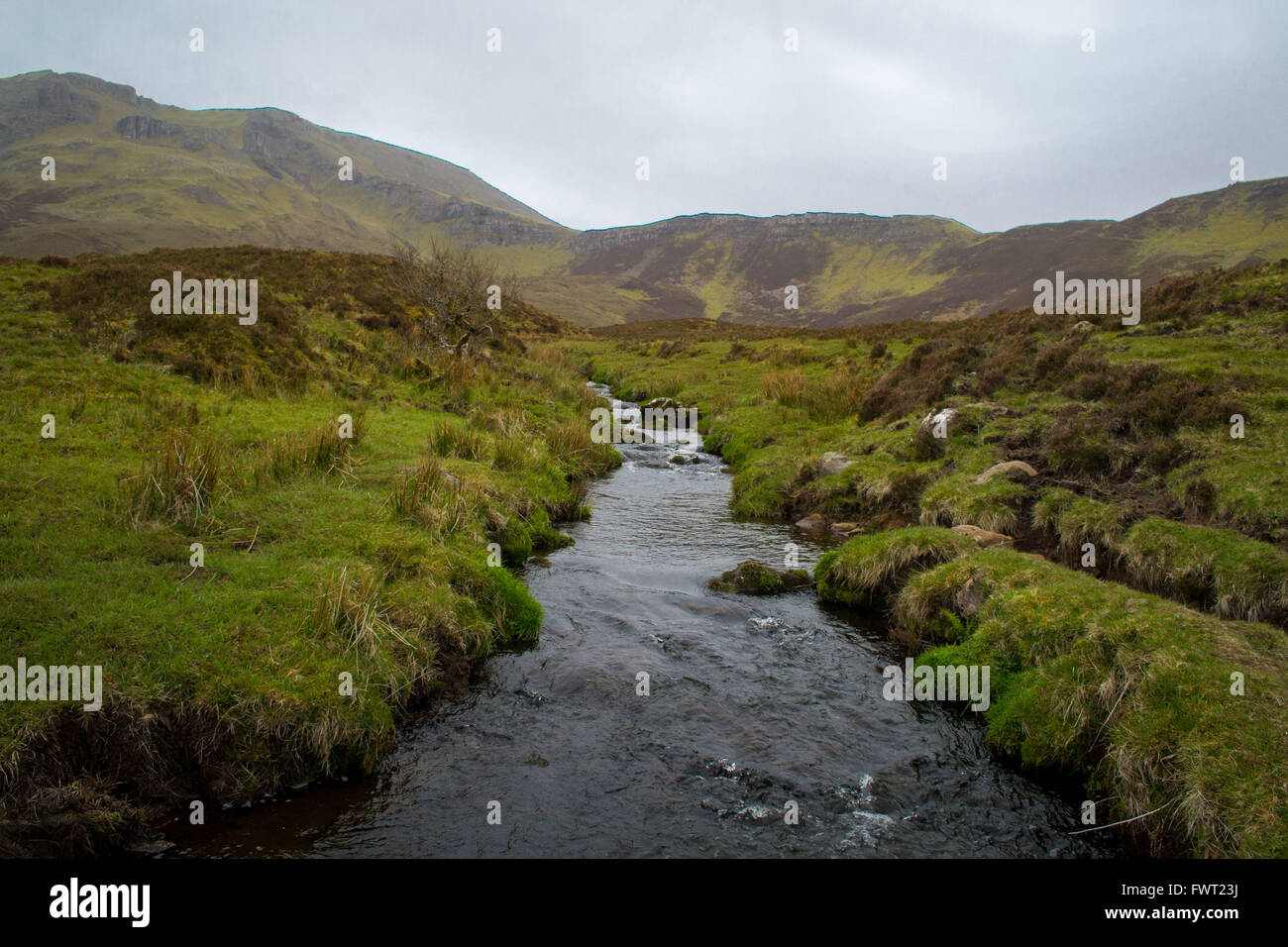 Un ruisseau coulant entre les collines de l'île de Skye en Ecosse Banque D'Images