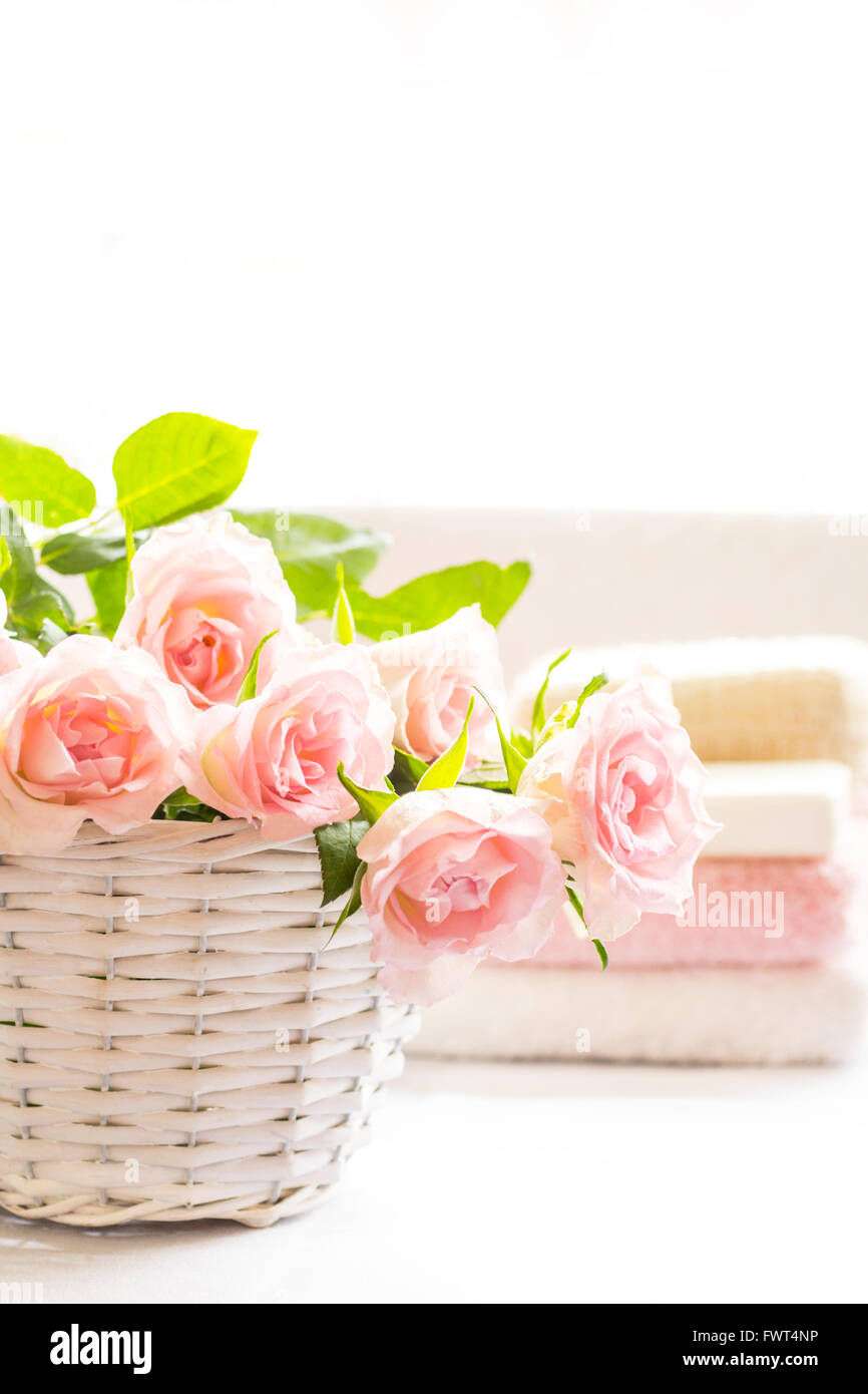 Belle, rose roses dans un panier blanc close up Banque D'Images