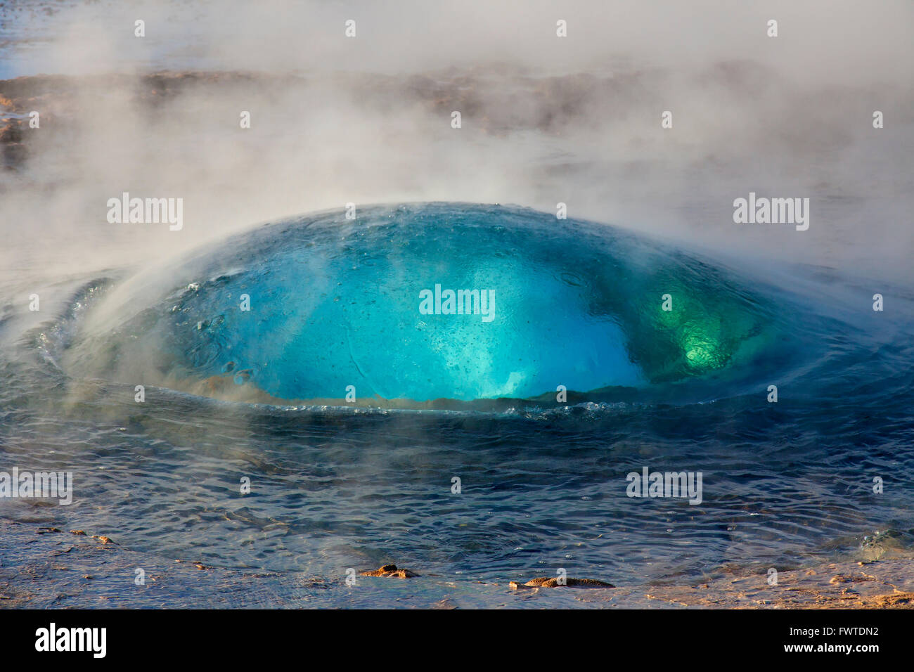 Gonflement de l'eau surchauffée vers le haut avant d'éruption de Strokkur, geyser fontaine en hiver, l'Islande, Sudurland, Haukadalur Banque D'Images
