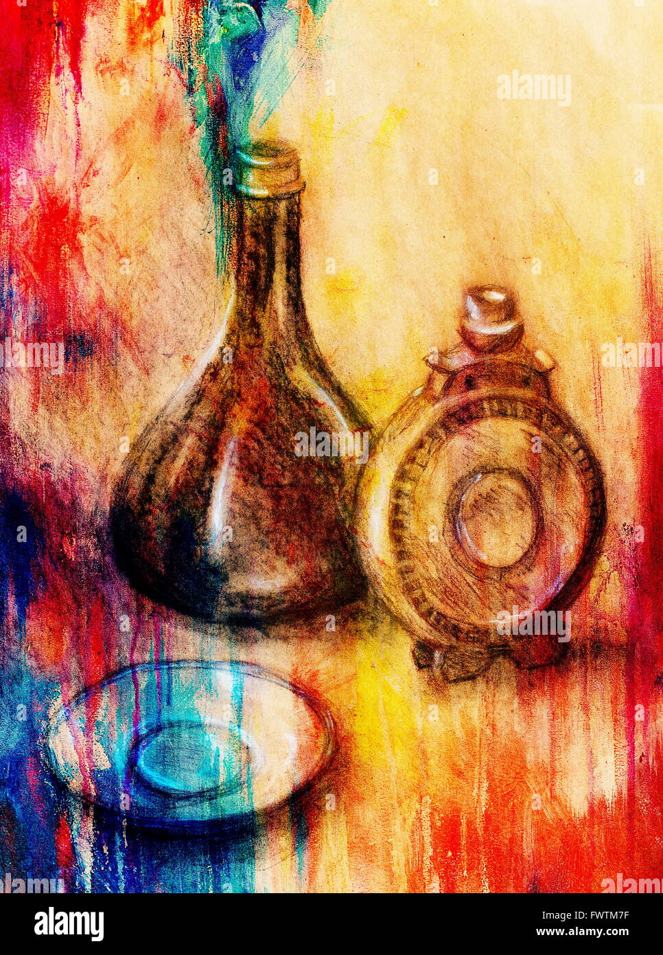 Fiole de dessin et à vin sur papier. Original de la dessiner et effet de couleur. Banque D'Images