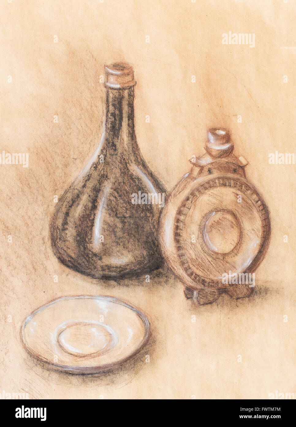 Fiole de dessin et à vin sur papier. Original de la dessiner. Banque D'Images