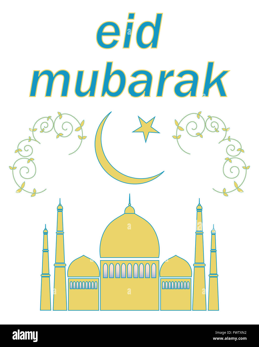Une illustration d'une carte de vœux de l'Aïd avec un croissant de lune et étoile de la mosquée et de la décoration sur un fond blanc Banque D'Images