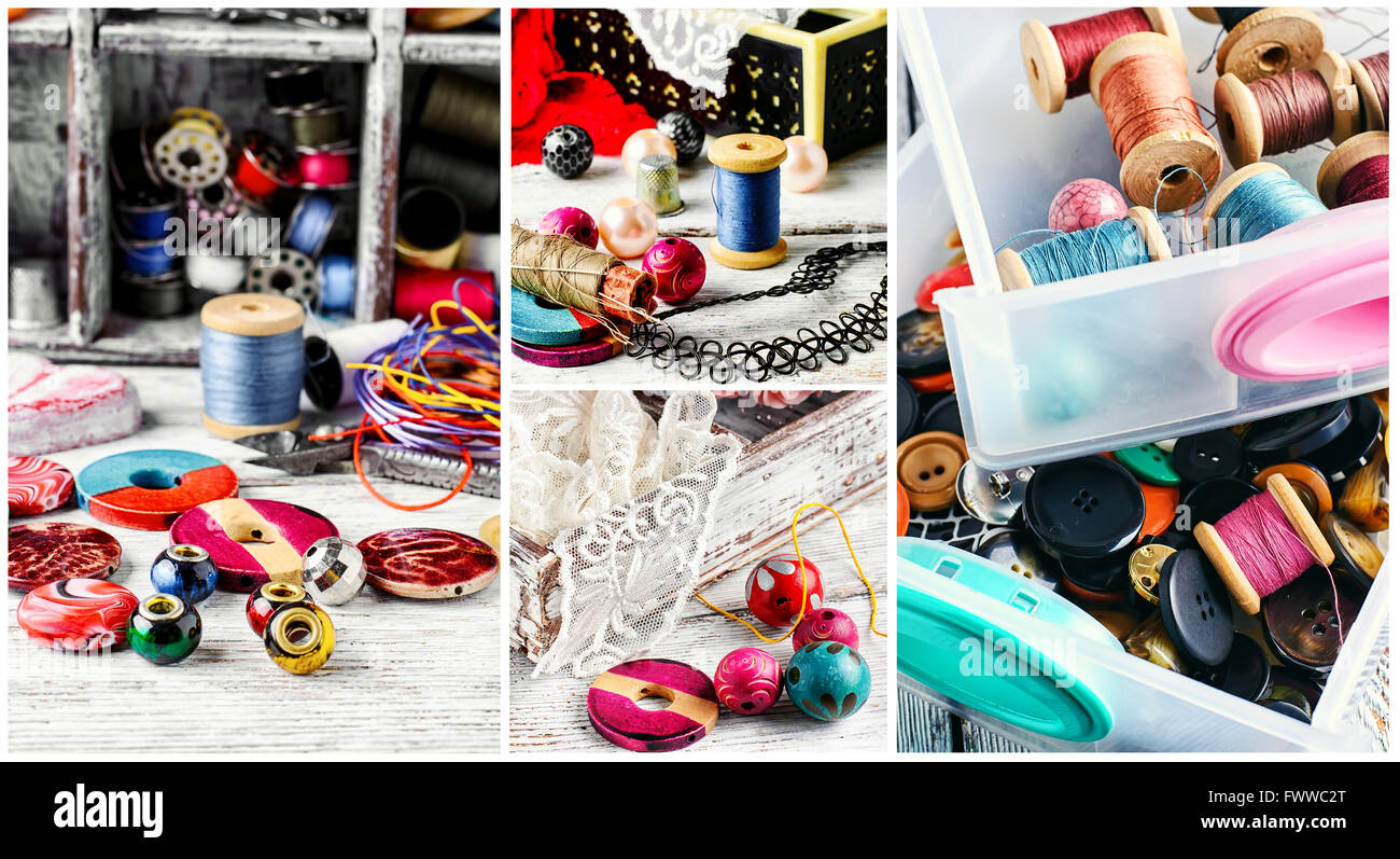 Collage avec perles, boutons et de fils pour la couture des habillages Banque D'Images