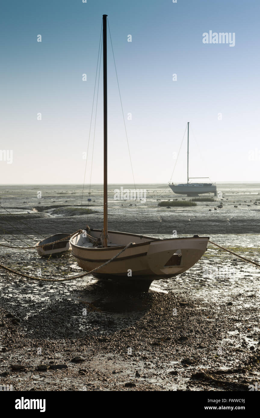 Bateau dans la vase à marée basse, Leigh on Sea, Essex au coucher du soleil Banque D'Images