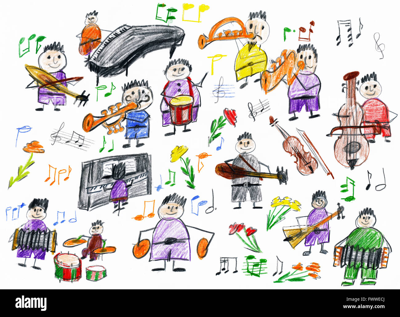 Les gens cartoon collection musicien, orchestre, les enfants de l'objet dessin sur papier, l'art à la main photo Banque D'Images