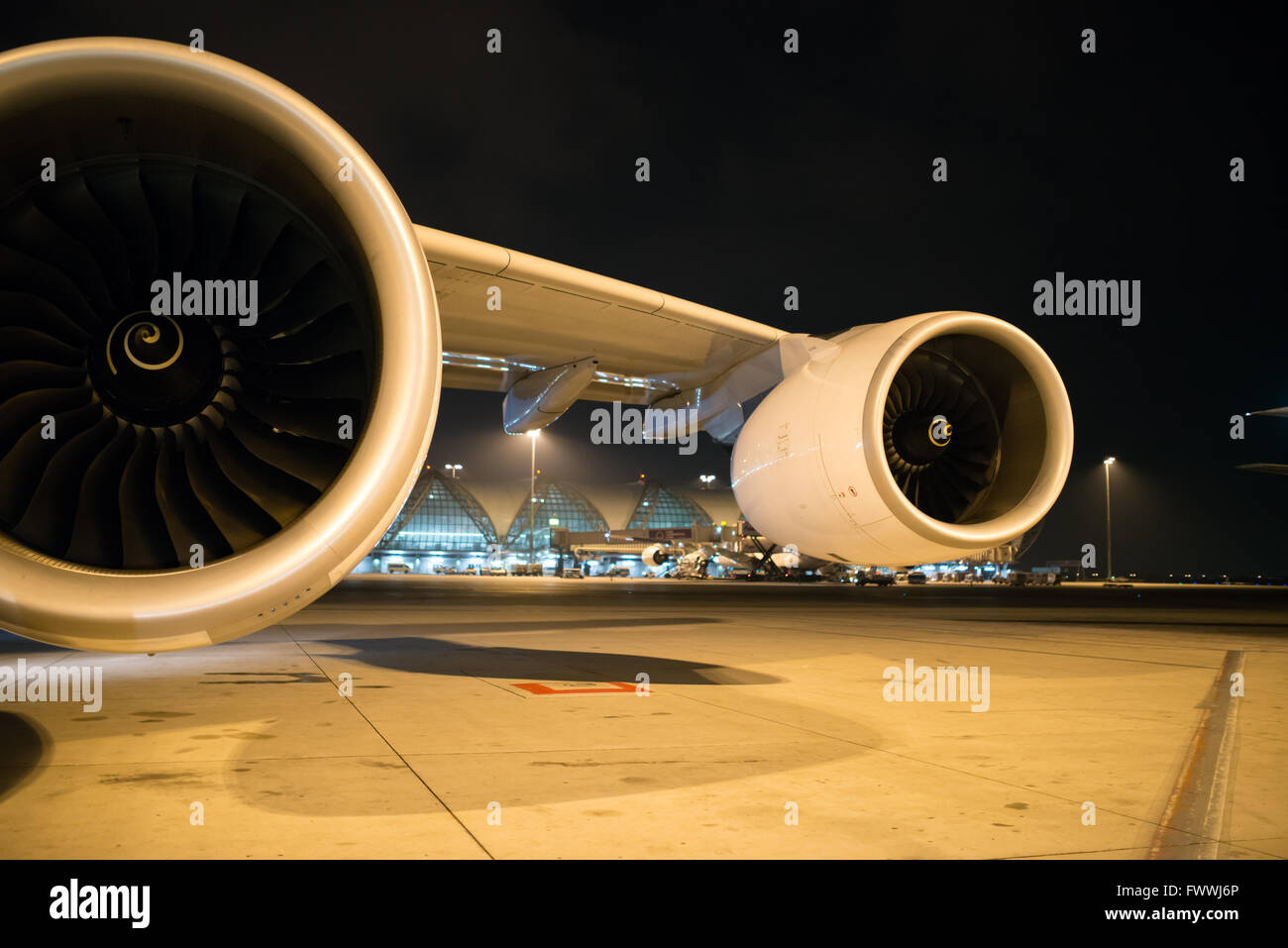 Ventilateur Turbo d'un parking gratuit à la porte de l'avion dans l'aéroport de Suvarnabhumi, Thaïlande Banque D'Images