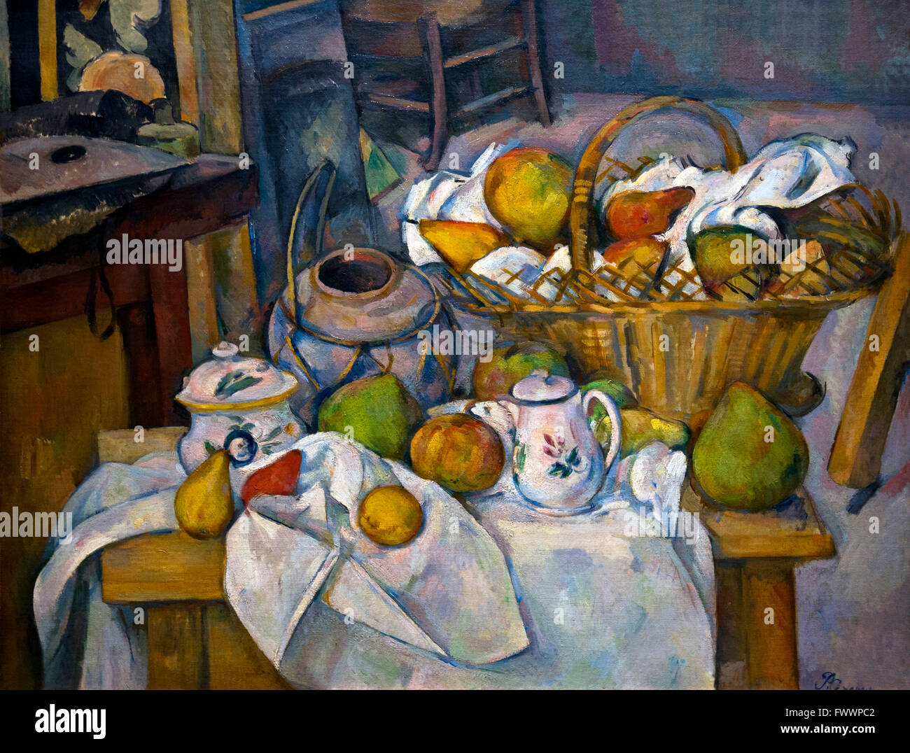 Table de cuisine, la nature morte avec panier, la table de cuisine, Nature morte au panier, 1888-90, par Paul Cézanne, Musée d'Orsay, Banque D'Images