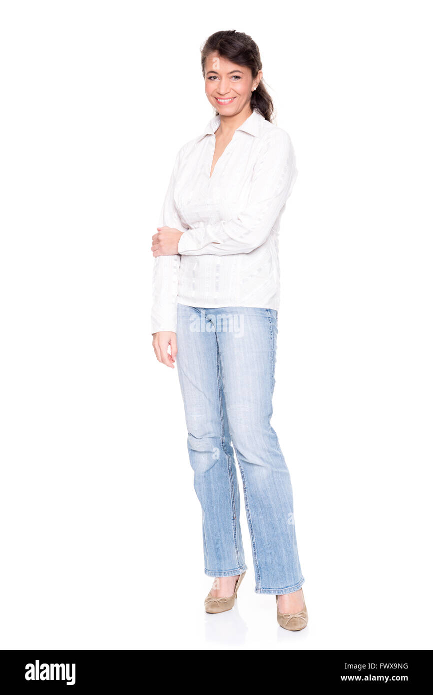 Middle aged woman standing in front of white background Banque D'Images