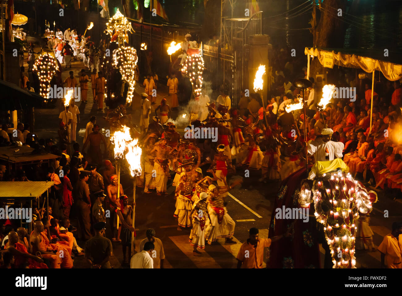 Danseurs et éléphant dans la procession à Kandy Esala Perahera, Kandy, Sri Lanka Banque D'Images