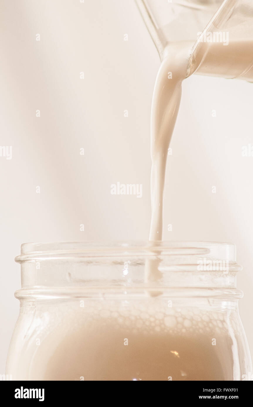 Lait de riz fait maison est versé dans un pot Mason. Banque D'Images