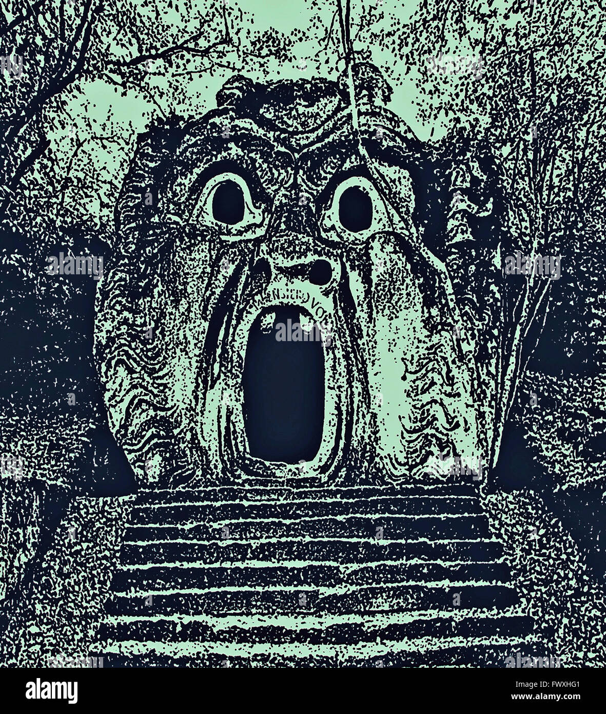 La photographie de la sculpture antique comme gravure ancienne, représentant le visage d'un monstre effrayant. Les Jardins de Bomarzo, Italie. La photographie numérique. Banque D'Images
