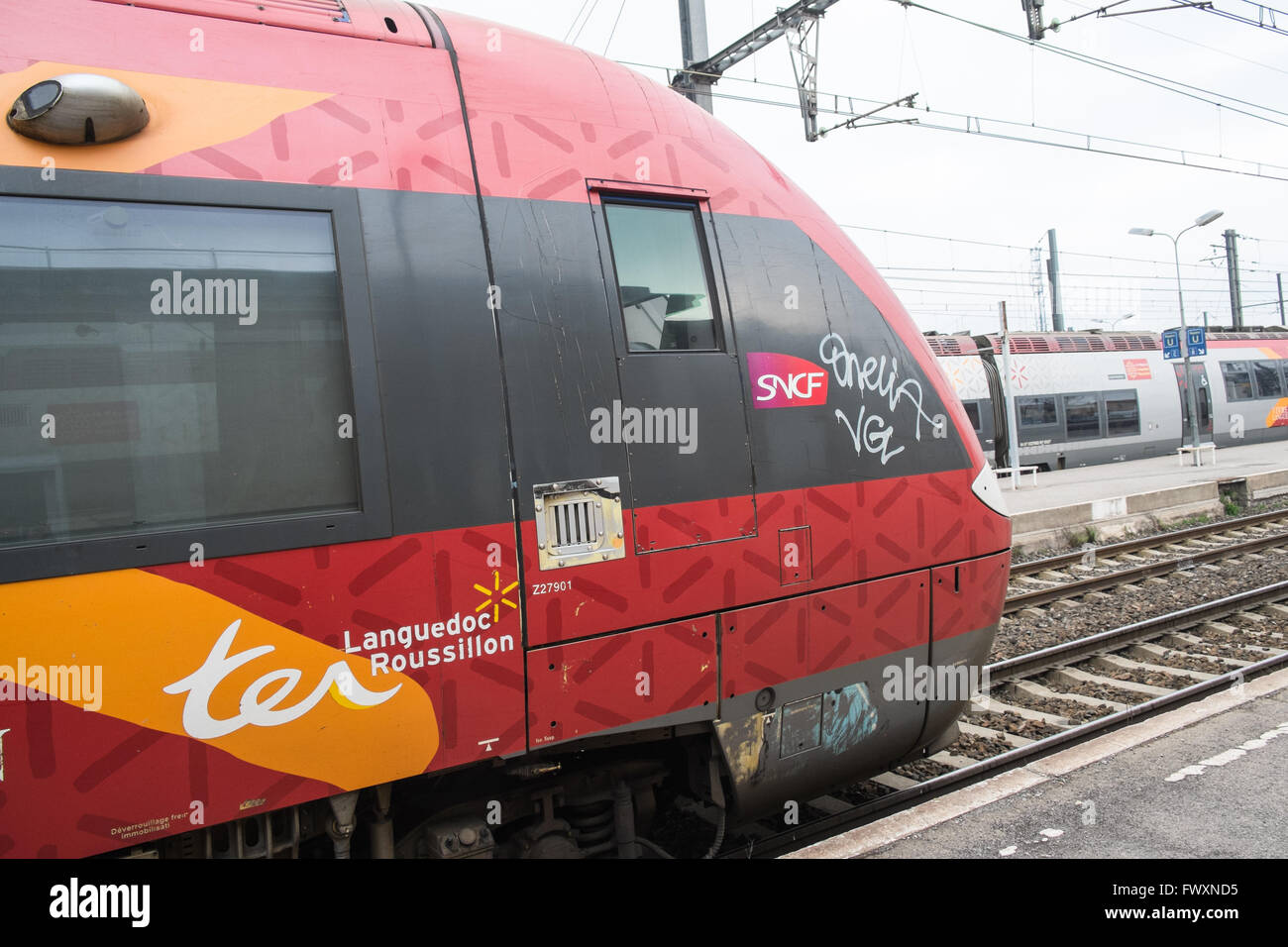 TER (Transports Express Régionaux) train à la gare de Narbonne, Aude, sud de la France. Banque D'Images