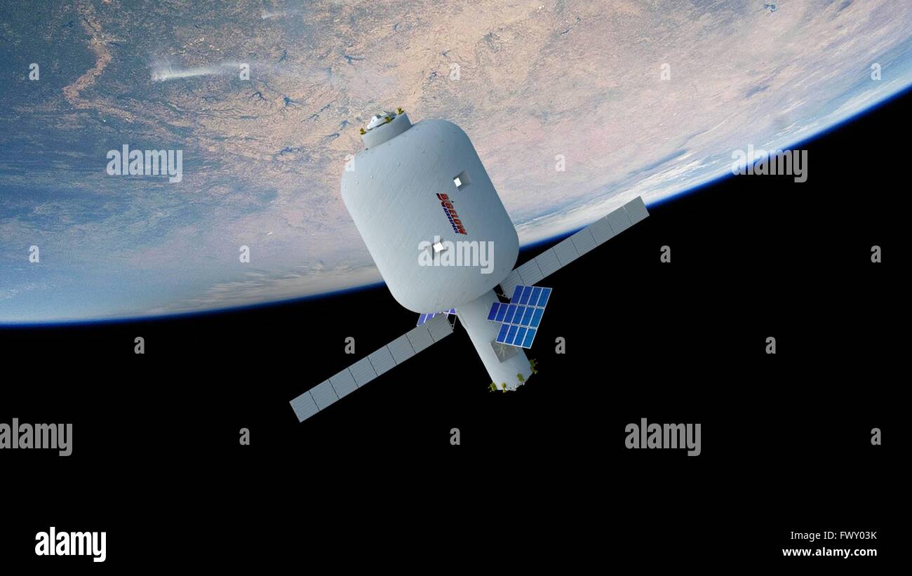 Concept Artistes illustration de la Bigelow Aerospace expandable module d'habitation dans l'orbite de la Terre. Bigelow Aerospace prototype module appelé faisceau sera effectué à la Station spatiale internationale par SpaceX le 8 avril 2016. Banque D'Images